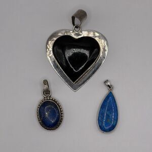 Lot 3 Sterling Silver 925 Gemstone Pendants Lapis Onyx Vintage Jewelry